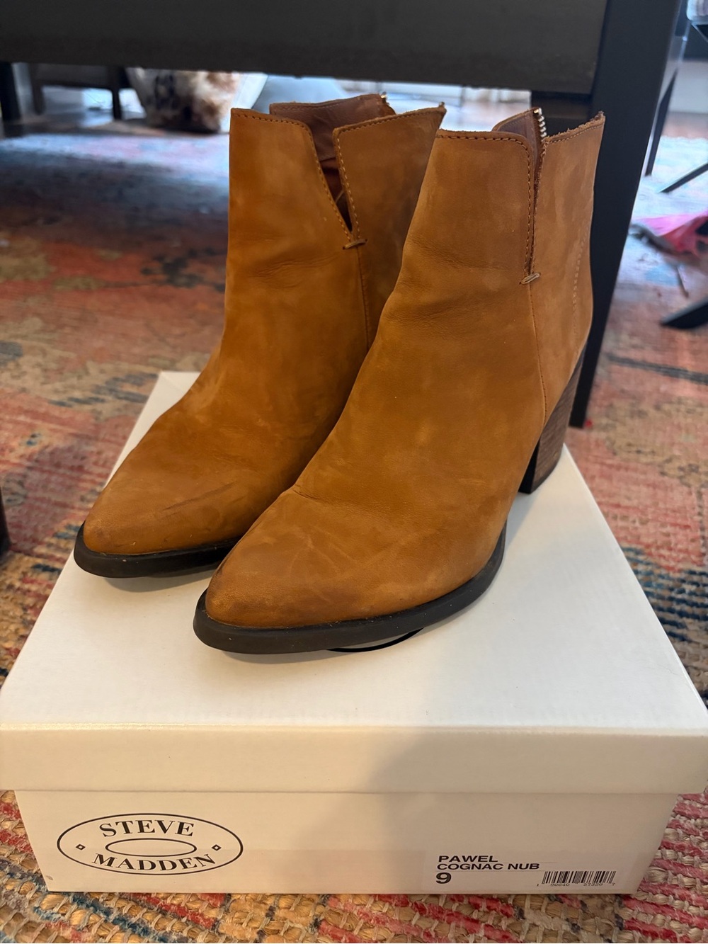 Steve Madden Cognac Nubuck Pointed Toe Ankle Booties